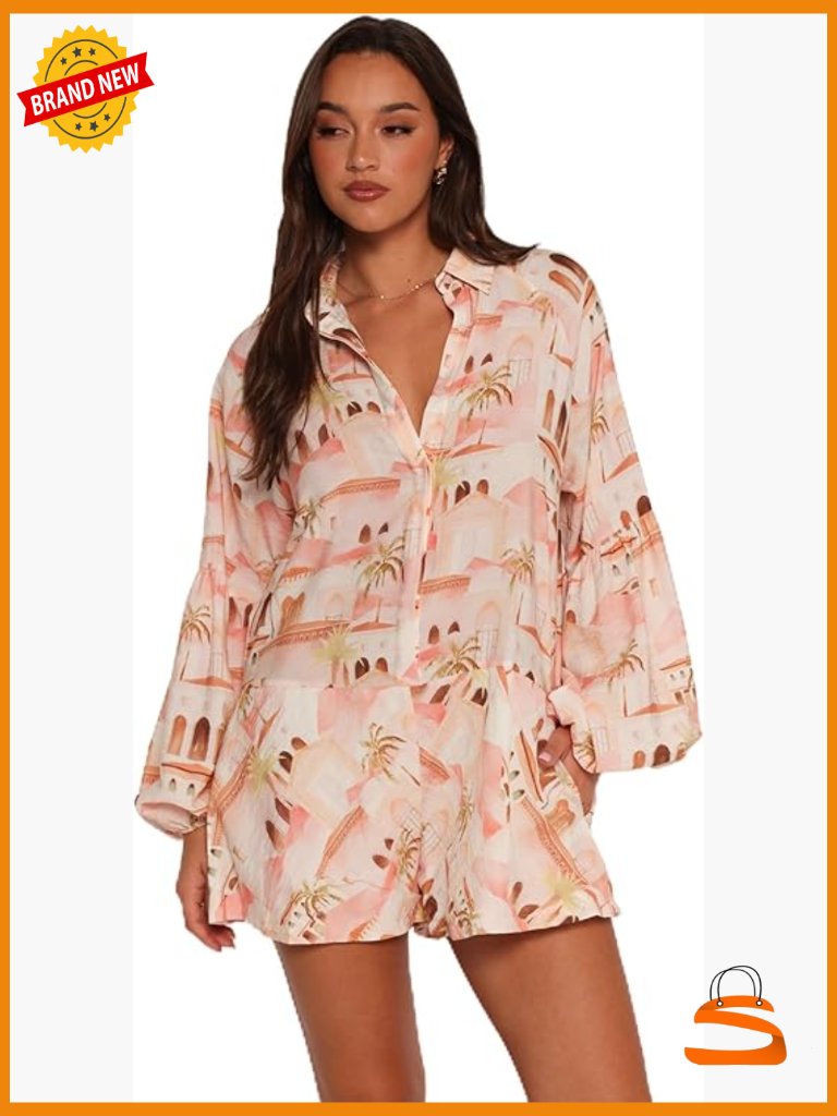 Abstract Print Romper Jumpsuit With Collared Neckline And Pockets